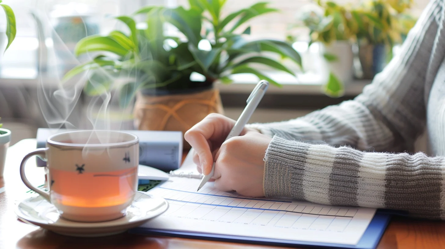 Person planning daily schedule with notebook and morning coffee
